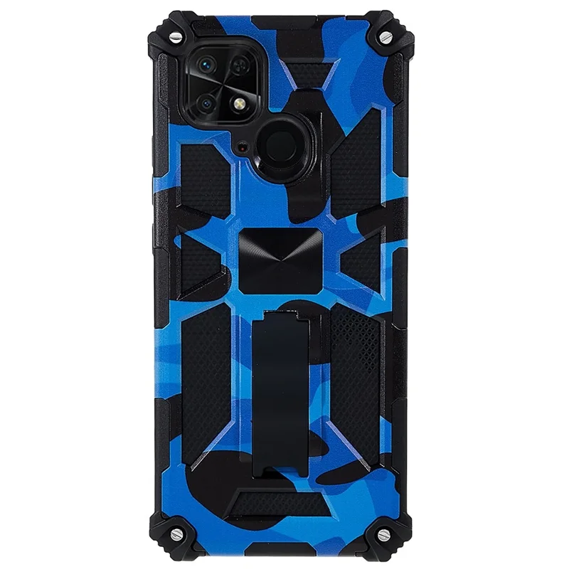 For Xiaomi Redmi 10C 4G / Poco C40 4G Phone Case with Kickstand, Shock Absorption Camouflage Design PC + TPU Phone Protective Shell - Camouflage Blue