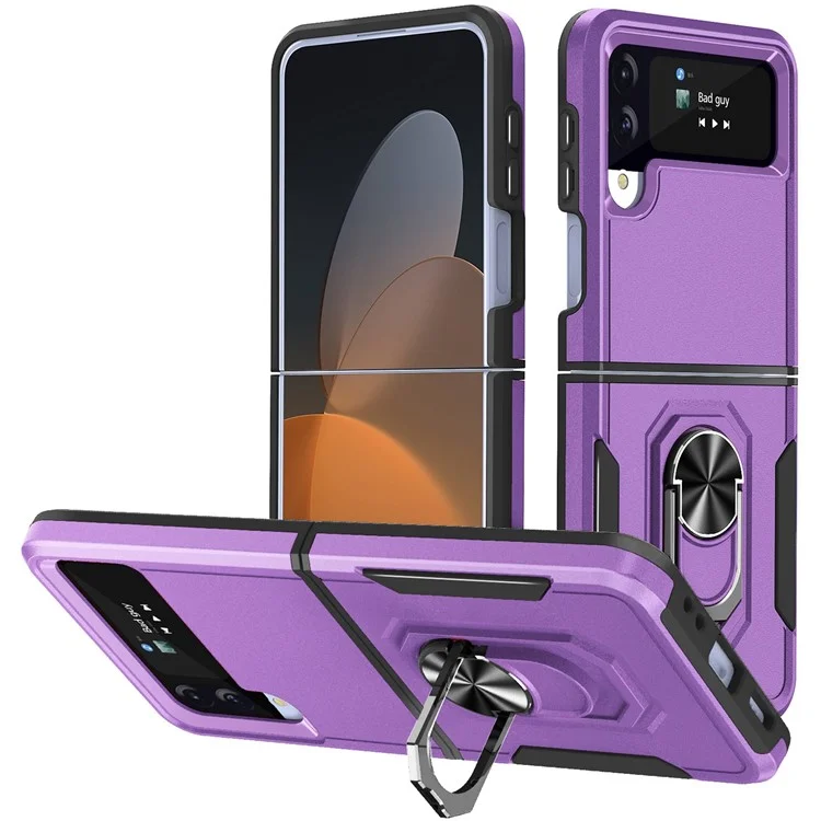 Série Defender pour Samsung Galaxy Z Flip4 5G Étui de téléphone PC + TPU avec support de rotation et support de bureau - Violet / Noir