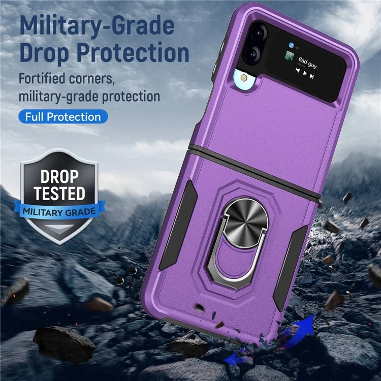 Série Defender pour Samsung Galaxy Z Flip4 5G Étui de téléphone PC + TPU avec support de rotation et support de bureau - Violet / Noir
