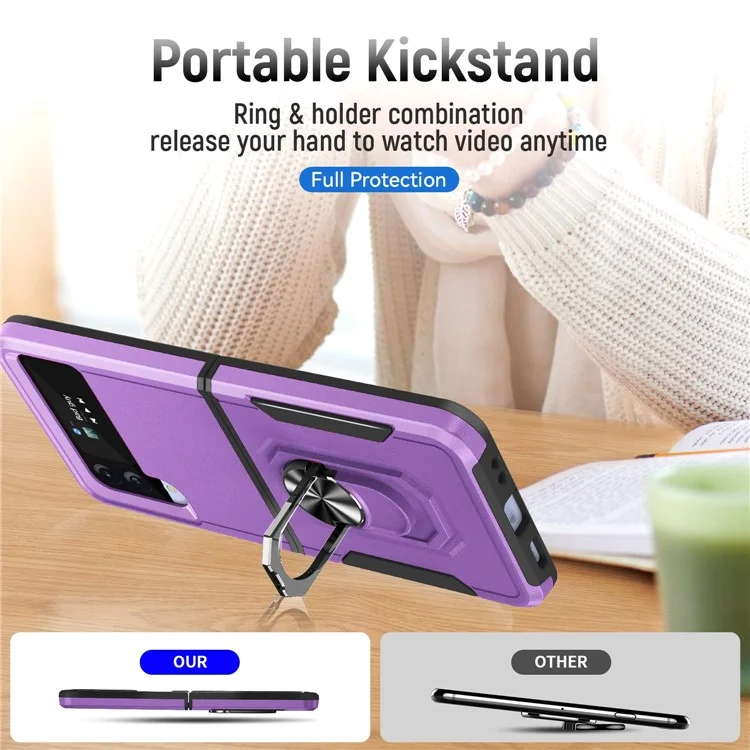 Série Defender pour Samsung Galaxy Z Flip4 5G Étui de téléphone PC + TPU avec support de rotation et support de bureau - Violet / Noir