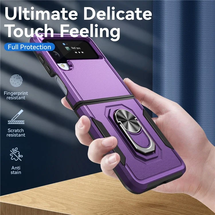 Série Defender pour Samsung Galaxy Z Flip4 5G Étui de téléphone PC + TPU avec support de rotation et support de bureau - Violet / Noir