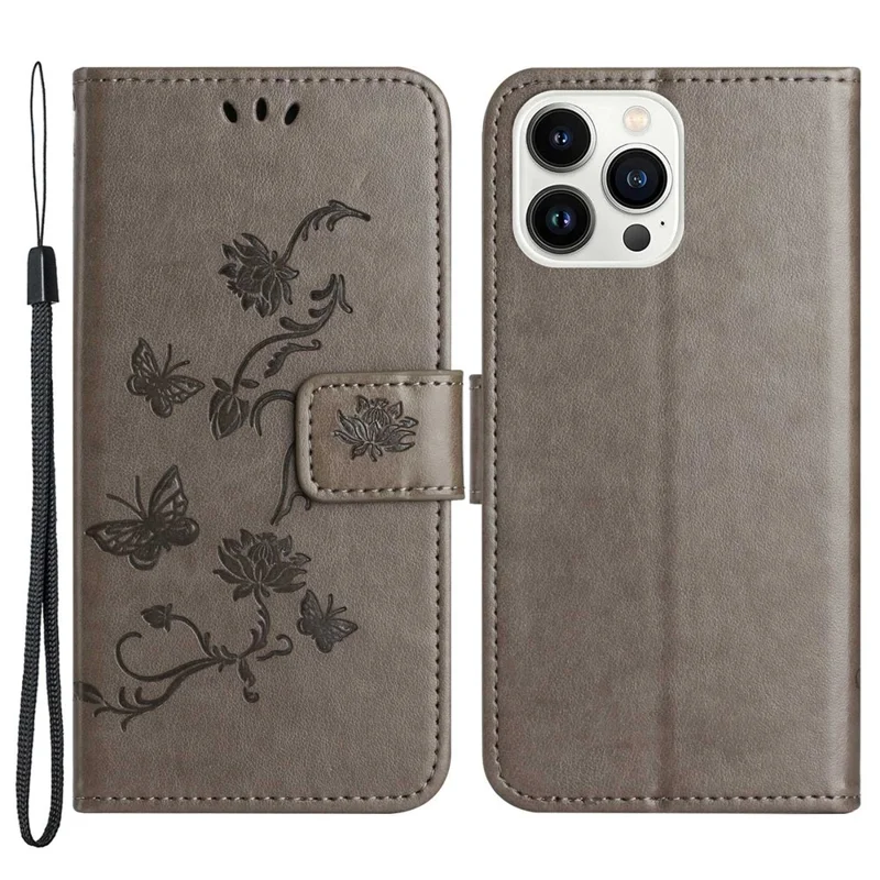 Para Iphone 14 Pro Max Max 6,7 Polegadas à Prova de Choques Butterfly Flower Phone Case de Telefone PU Stand Stand Phone Tampa Com Cinta - Cinza