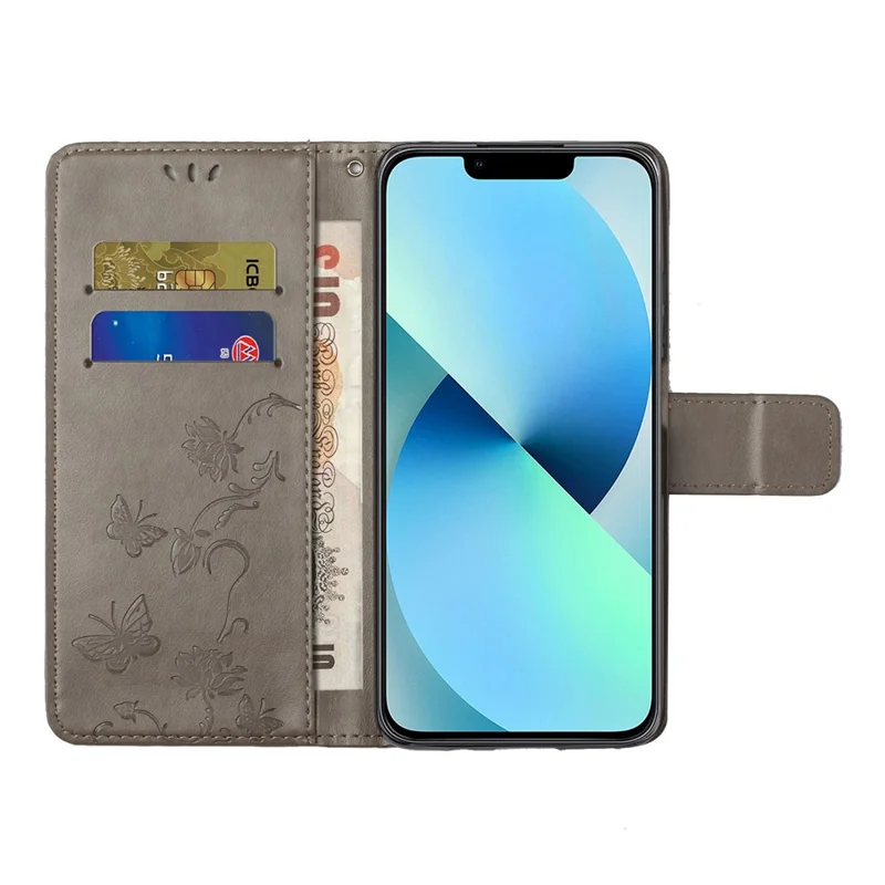 Para Iphone 14 Pro Max Max 6,7 Polegadas à Prova de Choques Butterfly Flower Phone Case de Telefone PU Stand Stand Phone Tampa Com Cinta - Cinza