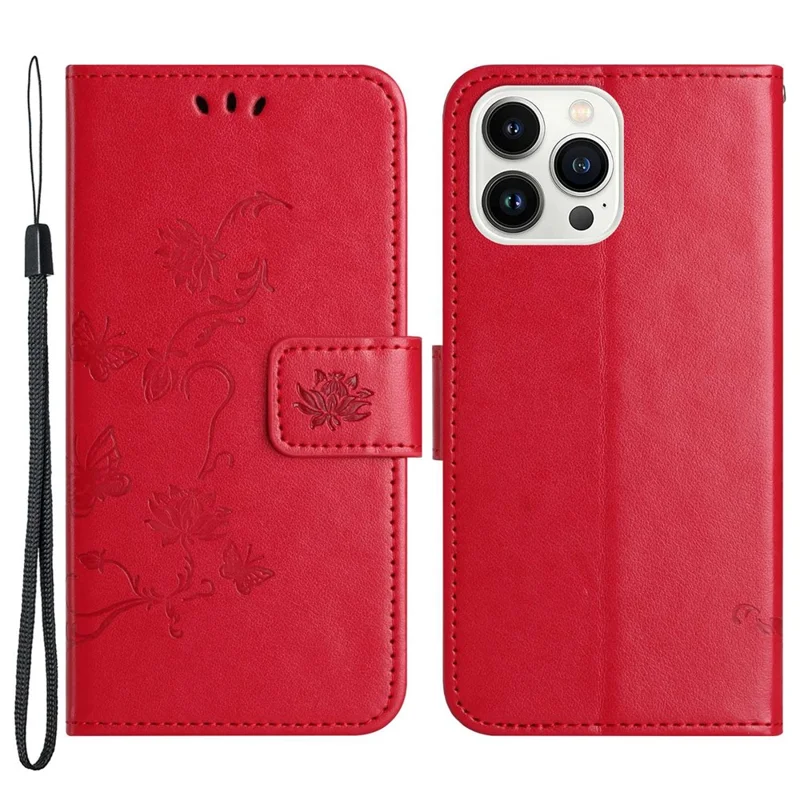 For iPhone 14 Pro Max 6.7 inch Shockproof Butterfly Flower Imprinted Phone Case PU Leather Stand Wallet Phone Cover with Strap - Red