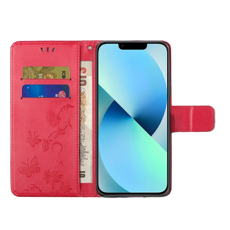 For iPhone 14 Pro Max 6.7 inch Shockproof Butterfly Flower Imprinted Phone Case PU Leather Stand Wallet Phone Cover with Strap - Red