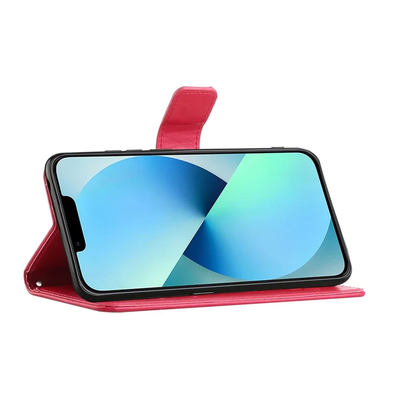 For iPhone 14 Pro Max 6.7 inch Shockproof Butterfly Flower Imprinted Phone Case PU Leather Stand Wallet Phone Cover with Strap - Red