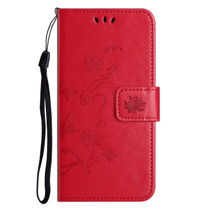 For iPhone 14 Pro Max 6.7 inch Shockproof Butterfly Flower Imprinted Phone Case PU Leather Stand Wallet Phone Cover with Strap - Red