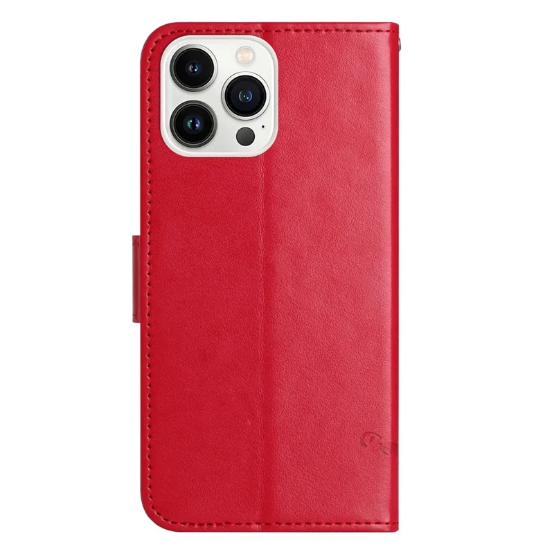 For iPhone 14 Pro Max 6.7 inch Shockproof Butterfly Flower Imprinted Phone Case PU Leather Stand Wallet Phone Cover with Strap - Red