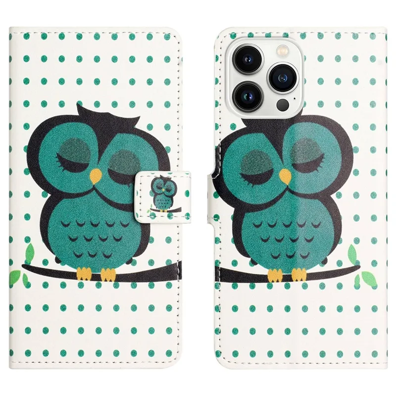 Per iPhone 14 Pro 6.1 pollici Creative Pattern Printing PU Leather Flip Case Stand Feature Wallet Magnetic Shockproof Protective Cover - Dots / Owl