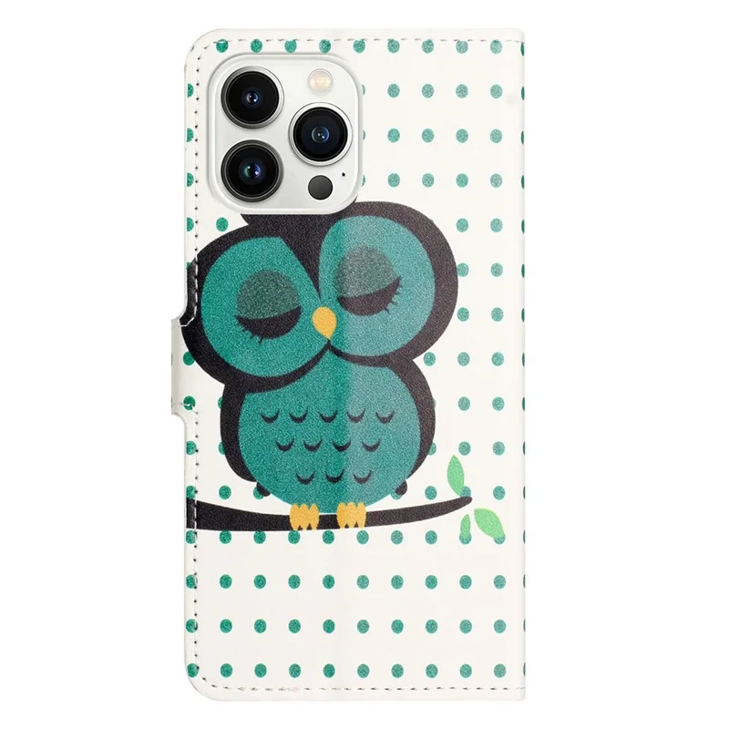 Per iPhone 14 Pro 6.1 pollici Creative Pattern Printing PU Leather Flip Case Stand Feature Wallet Magnetic Shockproof Protective Cover - Dots / Owl