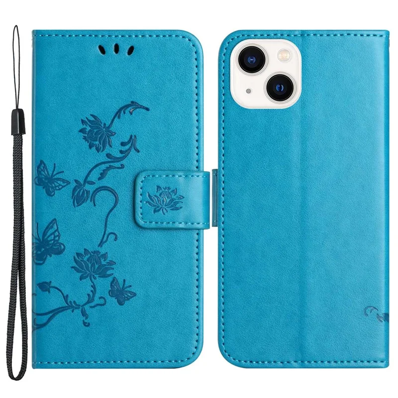 For iPhone 14 6.1 inch Overall Coverage PU Leather Stand Wallet Phone Cover Butterfly Flower Imprinted Phone Case with Strap - Blue