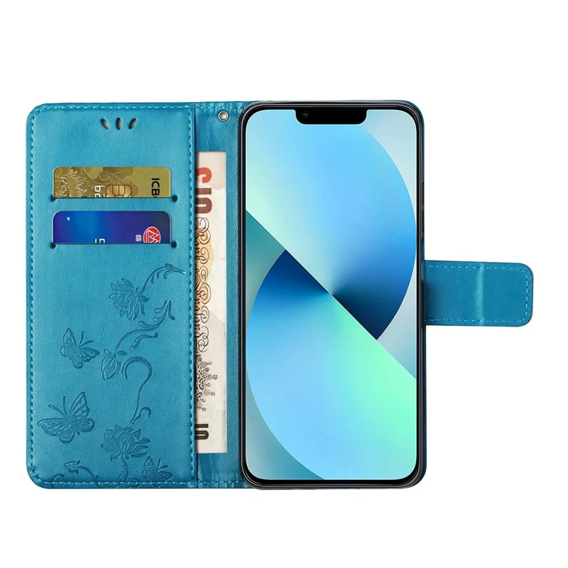 For iPhone 14 6.1 inch Overall Coverage PU Leather Stand Wallet Phone Cover Butterfly Flower Imprinted Phone Case with Strap - Blue