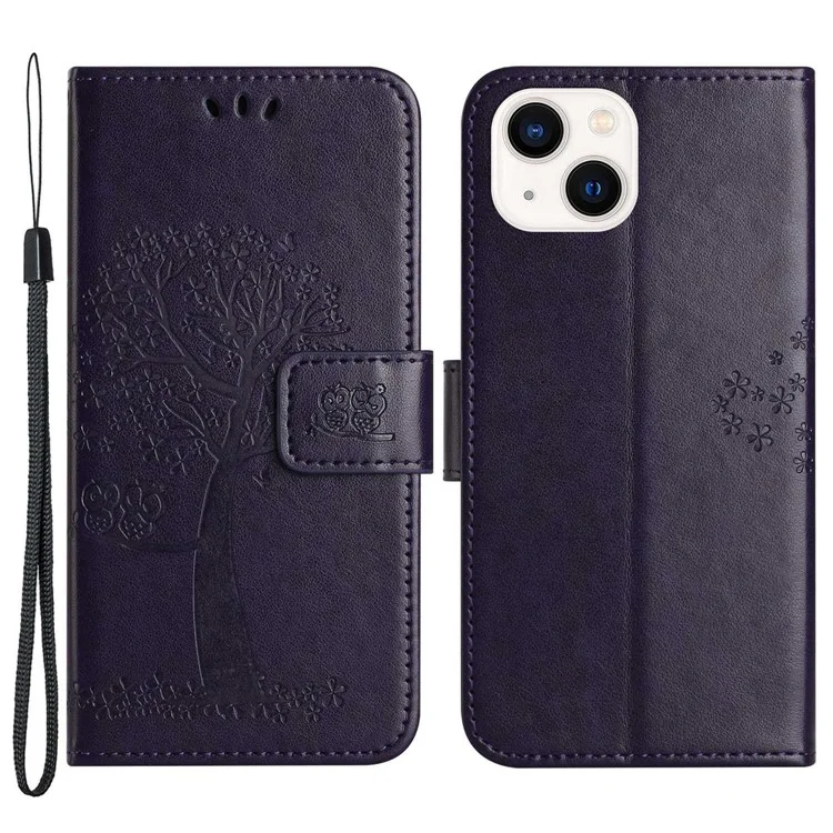 For iPhone 14 6.1 inch Imprinted Owl Tree Pattern PU Leather Wallet Viewing Stand Full Protection Protective Case with Wrist Strap - Dark Purple