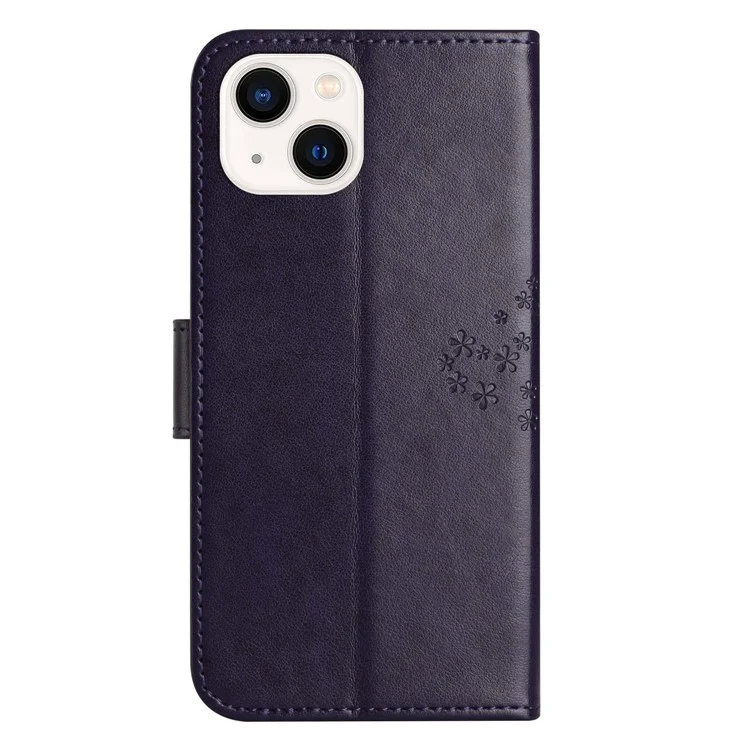 For iPhone 14 6.1 inch Imprinted Owl Tree Pattern PU Leather Wallet Viewing Stand Full Protection Protective Case with Wrist Strap - Dark Purple