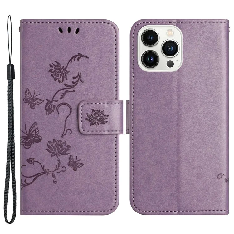 Para Iphone 14 Pro 6.1 Pulgadas Flor de Mariposa Case de Teléfono Impreso PU Flip Flip Soporte Anti-scratch Cover With Strap - Violeta
