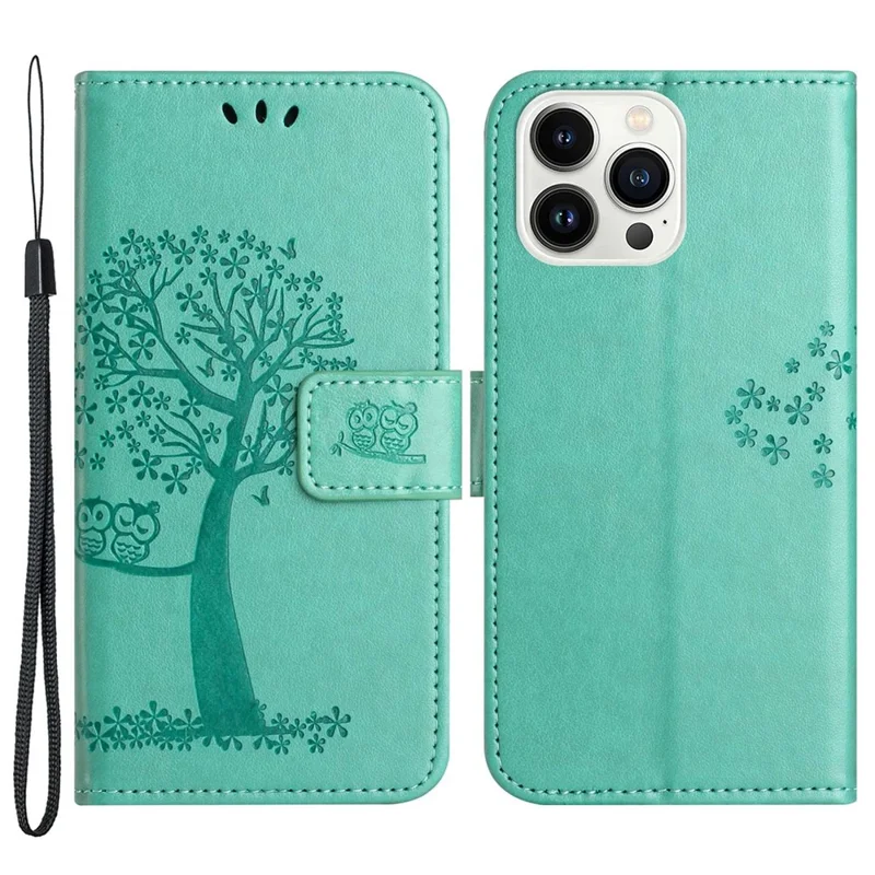 For iPhone 14 Pro Max 6.7 inch Shockproof Phone Case Imprinted Owl Tree Pattern PU Leather Wallet Cover Stand with Wrist Strap - Cyan