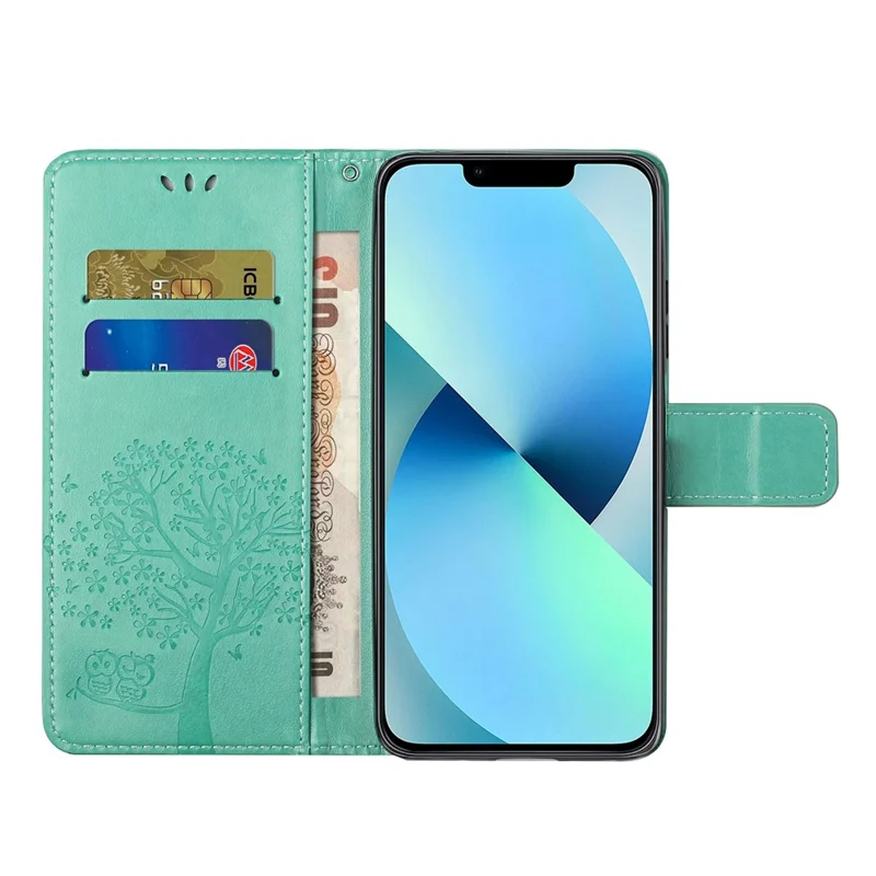 For iPhone 14 Pro Max 6.7 inch Shockproof Phone Case Imprinted Owl Tree Pattern PU Leather Wallet Cover Stand with Wrist Strap - Cyan