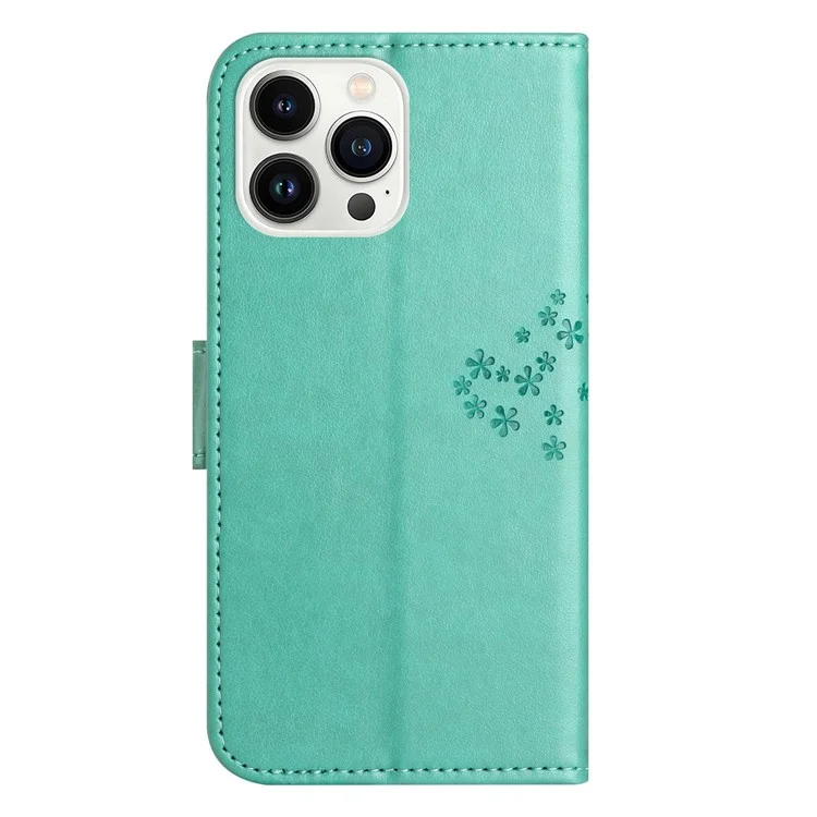 For iPhone 14 Pro 6.1 inch Anti-fall PU Leather Shell Imprinted Owl Tree Pattern Wallet Stand Feature Shell with Wrist Strap - Cyan