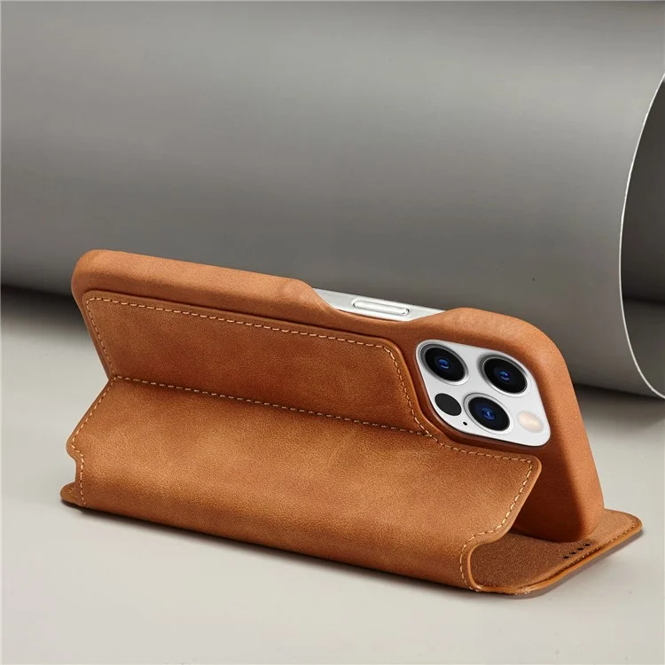 LC.IMEEKE For iPhone 14 Pro Max 6.7 inch Cell Phone Cover Magnetic Auto Closing Leather Stand Phone Case with Card Slot - Light Brown