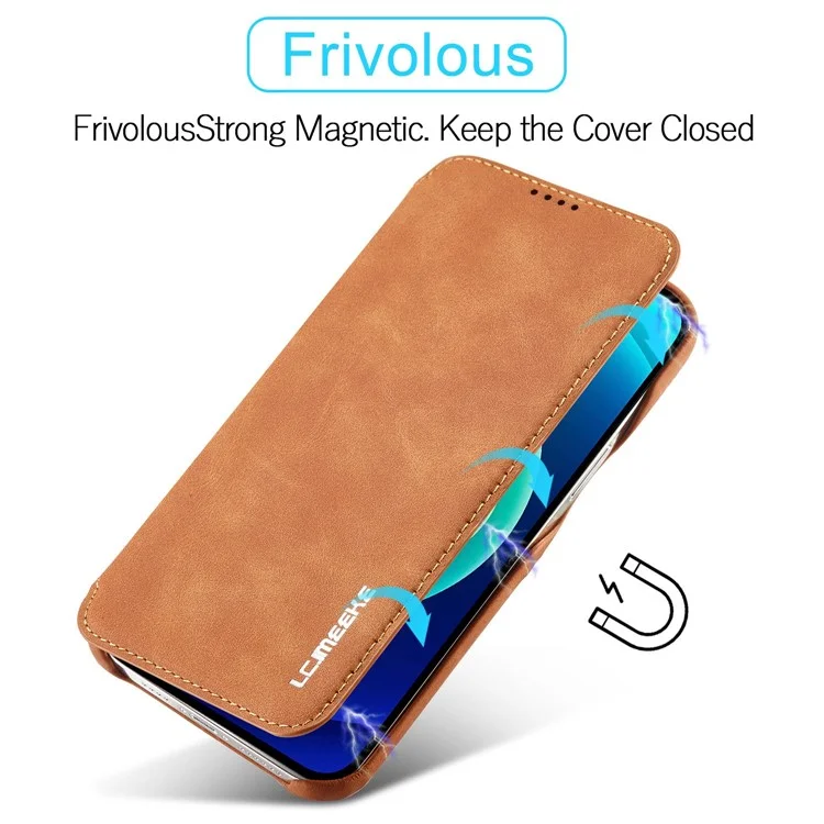 LC.IMEEKE For iPhone 14 Pro Max 6.7 inch Cell Phone Cover Magnetic Auto Closing Leather Stand Phone Case with Card Slot - Light Brown