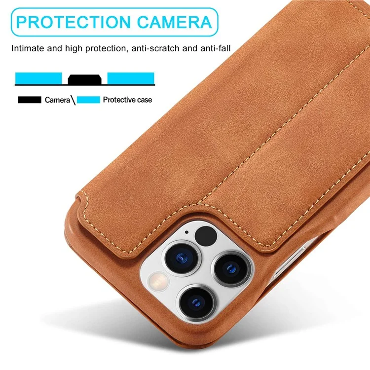 LC.IMEEKE For iPhone 14 Pro Max 6.7 inch Cell Phone Cover Magnetic Auto Closing Leather Stand Phone Case with Card Slot - Light Brown