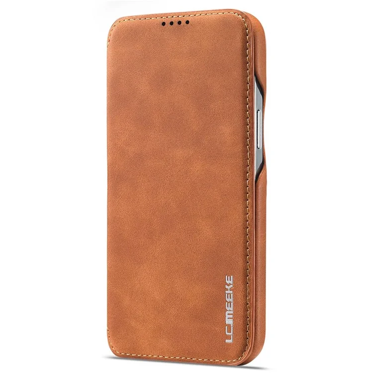 LC.IMEEKE For iPhone 14 Pro Max 6.7 inch Cell Phone Cover Magnetic Auto Closing Leather Stand Phone Case with Card Slot - Light Brown