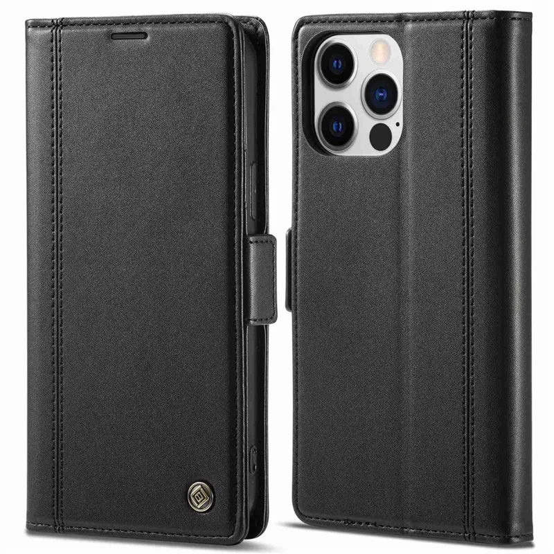 LC.IMEEKE for iPhone 14 Pro Max 6.7 inch PU Leather Phone Stand Cover Double Magnetic Clasps Drop-proof Case with Wallet - Black