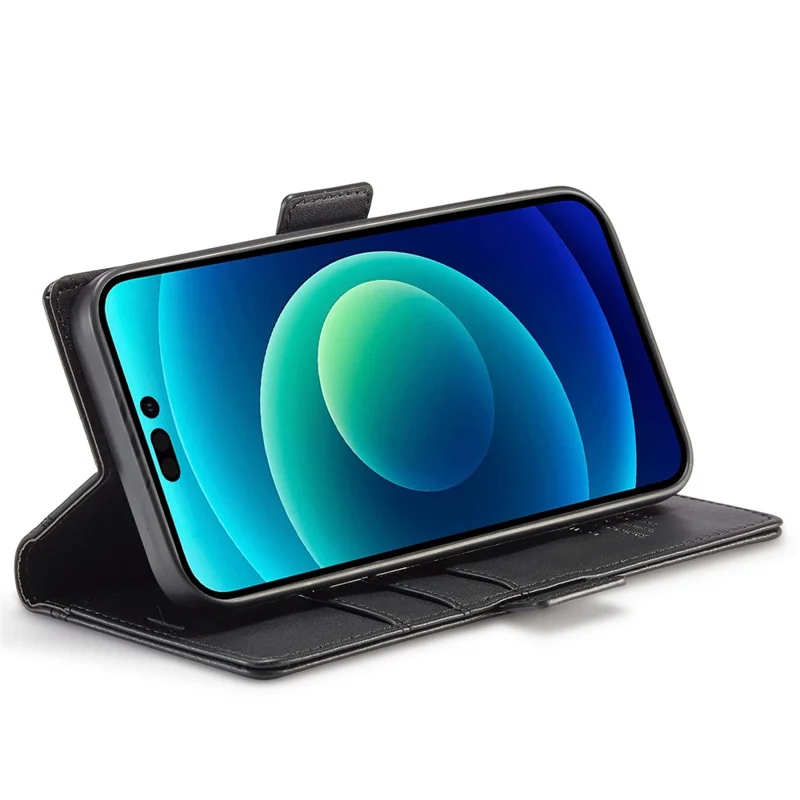 LC.IMEEKE for iPhone 14 Pro Max 6.7 inch PU Leather Phone Stand Cover Double Magnetic Clasps Drop-proof Case with Wallet - Black