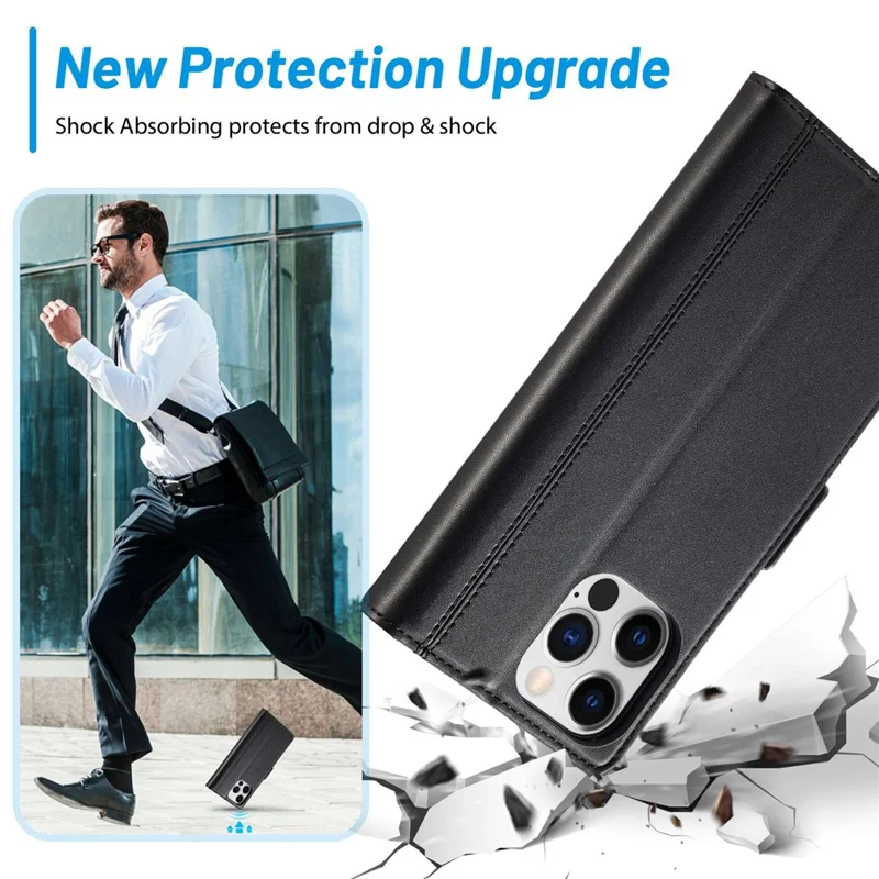 LC.IMEEKE for iPhone 14 Pro Max 6.7 inch PU Leather Phone Stand Cover Double Magnetic Clasps Drop-proof Case with Wallet - Black