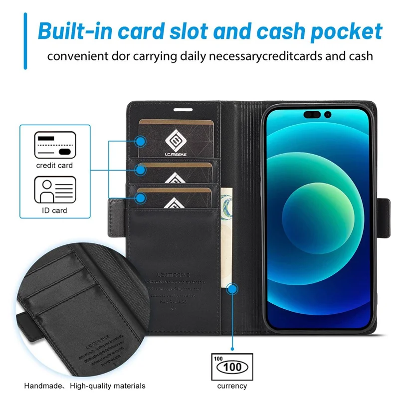 LC.IMEEKE for iPhone 14 Pro Max 6.7 inch PU Leather Phone Stand Cover Double Magnetic Clasps Drop-proof Case with Wallet - Black