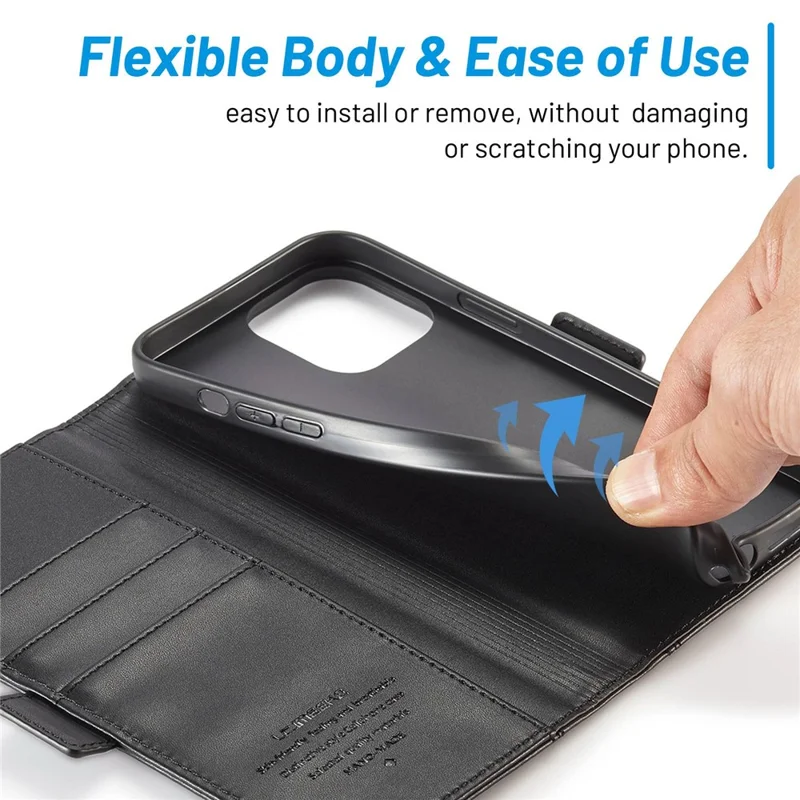 LC.IMEEKE for iPhone 14 Pro Max 6.7 inch PU Leather Phone Stand Cover Double Magnetic Clasps Drop-proof Case with Wallet - Black