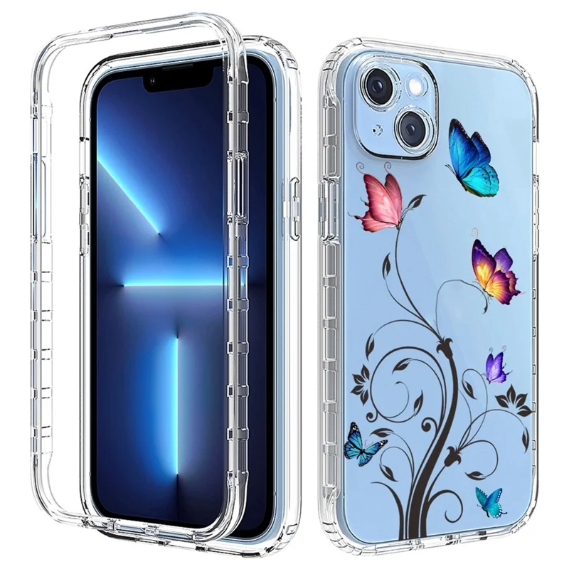 For iPhone 14 Plus Hard PC + Soft TPU Hybrid Cover Pattern Printing Phone Case - Tree and Butterfly