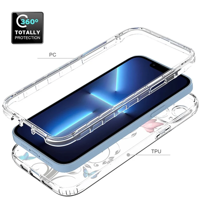 For iPhone 14 Plus Hard PC + Soft TPU Hybrid Cover Pattern Printing Phone Case - Tree and Butterfly