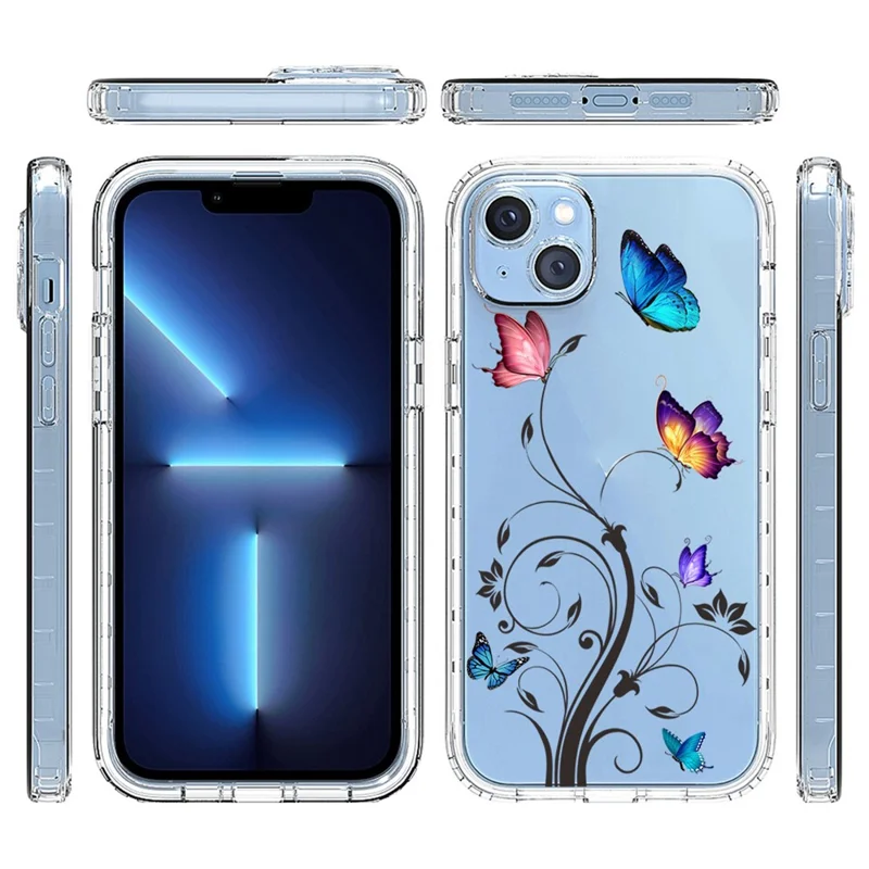For iPhone 14 Plus Hard PC + Soft TPU Hybrid Cover Pattern Printing Phone Case - Tree and Butterfly