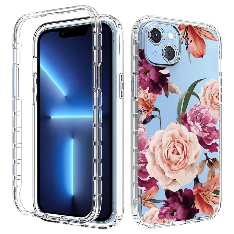 For iPhone 14 Plus Hard PC + Soft TPU Hybrid Cover Pattern Printing Phone Case - Purple Flower