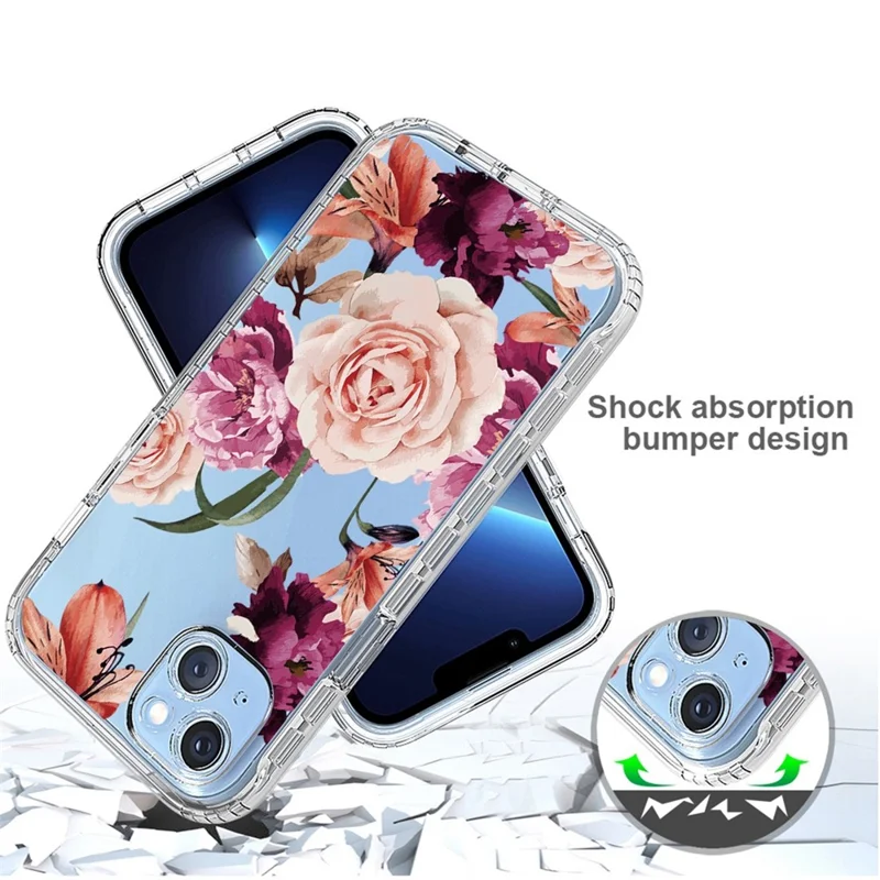 For iPhone 14 Plus Hard PC + Soft TPU Hybrid Cover Pattern Printing Phone Case - Purple Flower