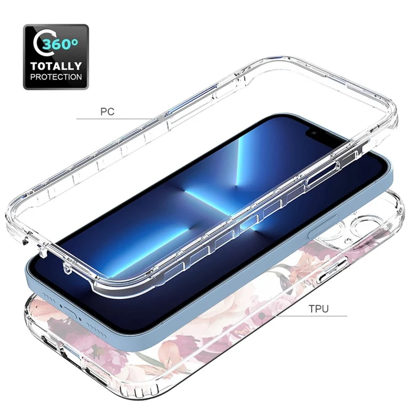 For iPhone 14 Plus Hard PC + Soft TPU Hybrid Cover Pattern Printing Phone Case - Purple Flower