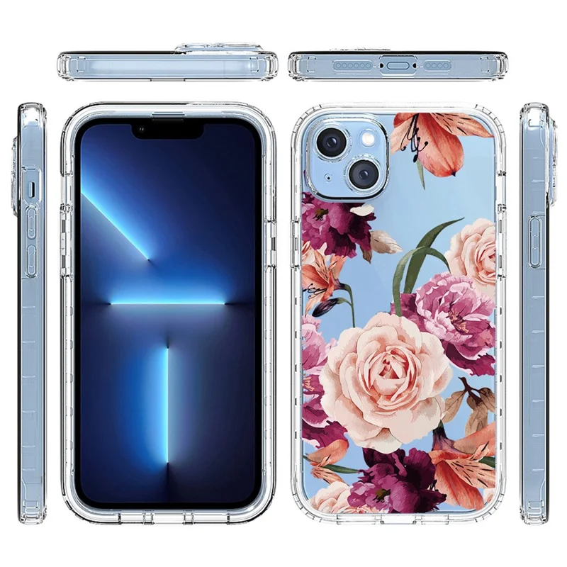 For iPhone 14 Plus Hard PC + Soft TPU Hybrid Cover Pattern Printing Phone Case - Purple Flower