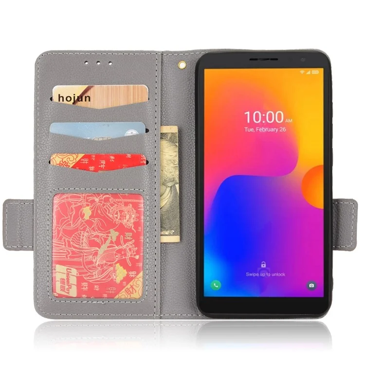 Litchi Texture Phone Cover for Alcatel 1B (2022) / TCL 303, PU Leather Folio Flip Case with Wallet Stand - Grey