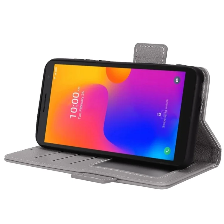 Litchi Texture Phone Cover for Alcatel 1B (2022) / TCL 303, PU Leather Folio Flip Case with Wallet Stand - Grey
