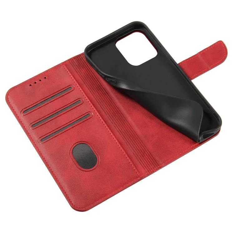 For iPhone 14 6.1 inch Anti-fall Calf Texture Phone Cover PU Leather Mobile Phone Flip Wallet Stand Case with Magnetic Buckle - Red