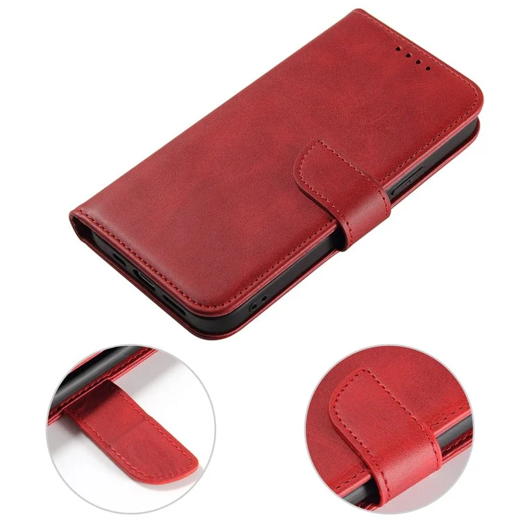 For iPhone 14 6.1 inch Anti-fall Calf Texture Phone Cover PU Leather Mobile Phone Flip Wallet Stand Case with Magnetic Buckle - Red