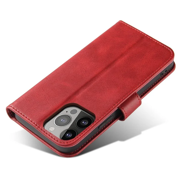 For iPhone 14 6.1 inch Anti-fall Calf Texture Phone Cover PU Leather Mobile Phone Flip Wallet Stand Case with Magnetic Buckle - Red