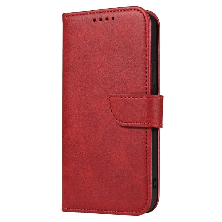 For iPhone 14 6.1 inch Anti-fall Calf Texture Phone Cover PU Leather Mobile Phone Flip Wallet Stand Case with Magnetic Buckle - Red