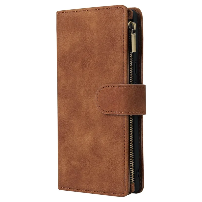 For Google Pixel 6 Pro 5G PU Leather Phone Wallet Stand Case Zipper Pocket Multiple Card Slots Phone Protective Cover - Brown