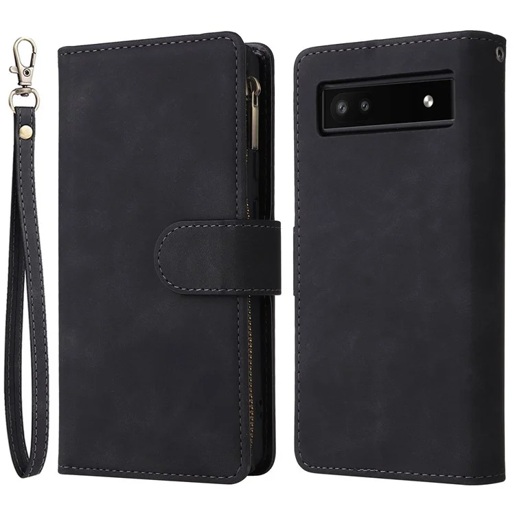 Mehrere Kartensteckplätze Telefonabdeckung Für Google Pixel 6a, PU Leder Brieftasche Reißverschlusspocket Shell Shell - Schwarz