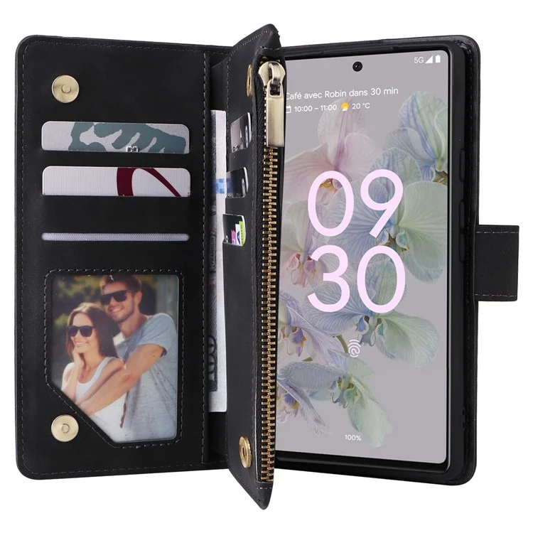 Mehrere Kartensteckplätze Telefonabdeckung Für Google Pixel 6a, PU Leder Brieftasche Reißverschlusspocket Shell Shell - Schwarz