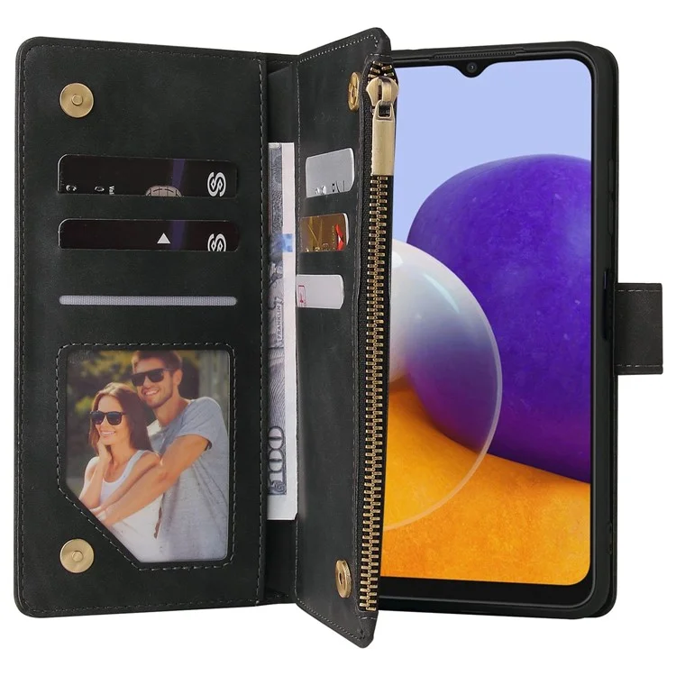 Für Samsung Galaxy A22 5G (EU -version) Mehrere Kartensteckplätze Leder -handy -hülle Wallet -ständer Magnetische Verschlussabdeckung Mit Reißverschluss in Tasche - Schwarz