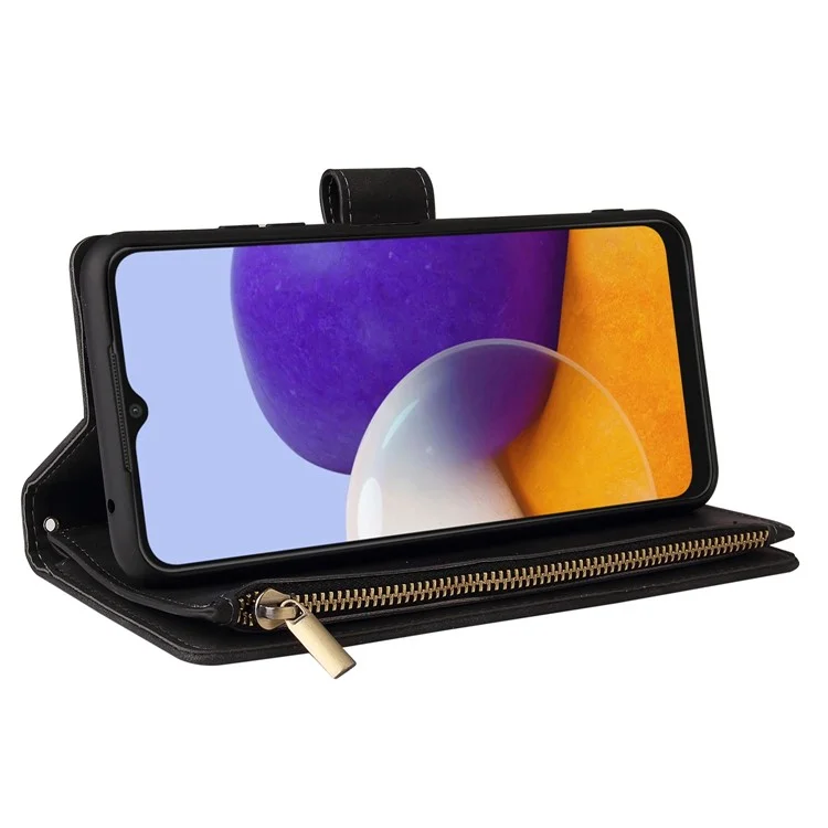 Für Samsung Galaxy A22 5G (EU -version) Mehrere Kartensteckplätze Leder -handy -hülle Wallet -ständer Magnetische Verschlussabdeckung Mit Reißverschluss in Tasche - Schwarz