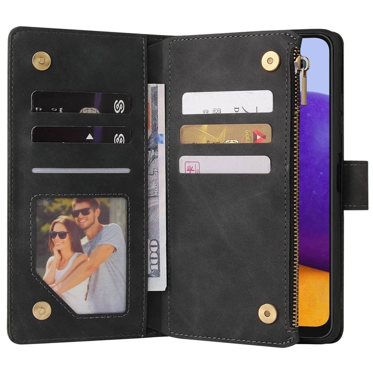 Für Samsung Galaxy A22 5G (EU -version) Mehrere Kartensteckplätze Leder -handy -hülle Wallet -ständer Magnetische Verschlussabdeckung Mit Reißverschluss in Tasche - Schwarz